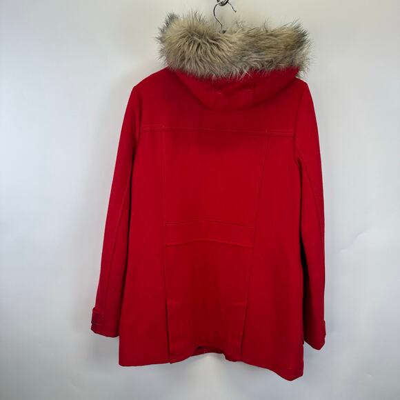 American Eagle Wool Blend Red Fur Hood Toggle Button Pea Coat Womens Large - Picture 11 of 16